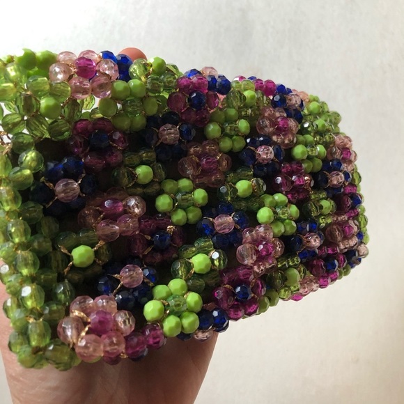Rare handbeaded Vintage 1970s Saks Fifth ave Italy bead green purple clutch 7” - Picture 8 of 9